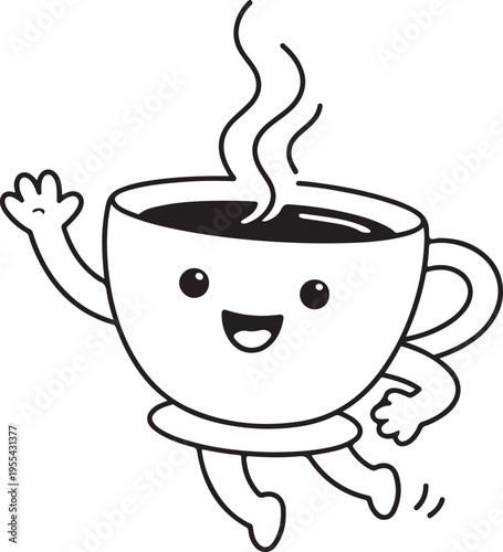 A cheerful cartoon coffee cup character is waving and appears to be running quickly