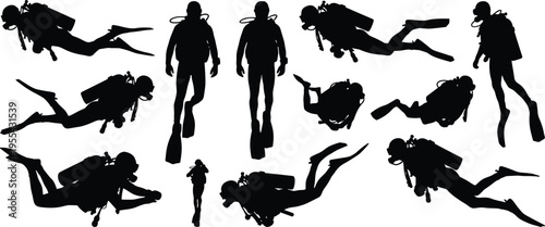 Scuba diver silhouettes collection, underwater swimming poses, ocean exploration, marine adventure, diving equipment, aquatic sport activity, isolated black figures, deep sea
