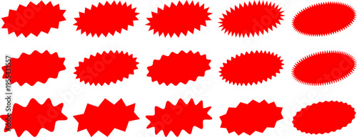 Red starburst and sunburst shapes collection, promotion price tags and stickers