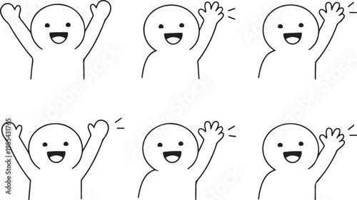 Simple line drawing depicts six faceless figures joyfully waving and celebrating together high quality professional