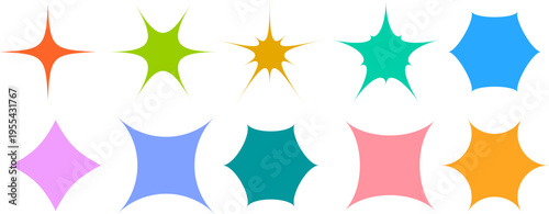 Set of colorful geometric starburst and spark icons with sharp pointed edges, creative shapes for logo or badge design