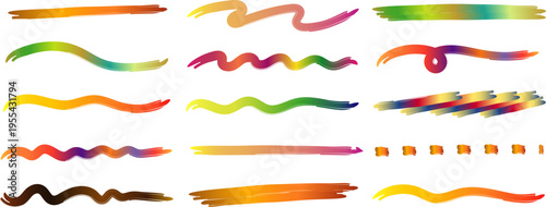 Set of colorful gradient brush strokes and wavy lines for creative design, artistic paint strokes