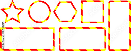 Set of warning stripe frame borders, yellow and red caution frames in various shapes