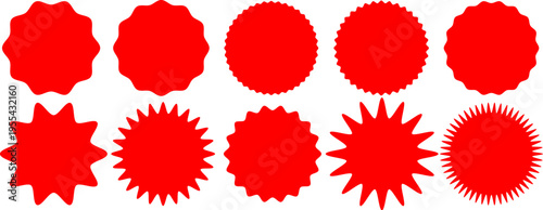 Solid red starburst and sunburst badge shapes, vibrant promotional sticker labels