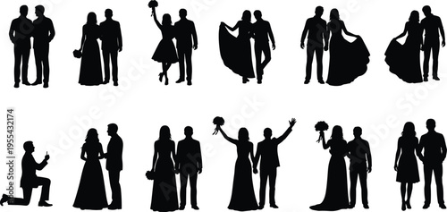 Wedding, couple, silhouettes, bride, groom, marriage, proposal, love, relationship, romantic, celebration, engagement, people, elegant, black, isolated, set, figures, illustration, collection