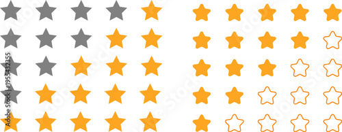 Yellow and gray star rating collection, vector sets of 1 to 5 customer feedback stars for service review