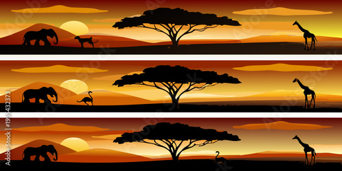 African savanna landscape with silhouettes of wildlife at sunset