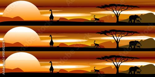 African savanna landscape with giraffes and elephants at sunset