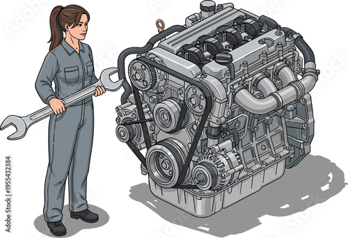 Detailed illustration of mechanic in jumpsuit holding oversized wrench beside large internal combustion engine, showcasing automotive repair, engineering complexity, and mechanical components design.