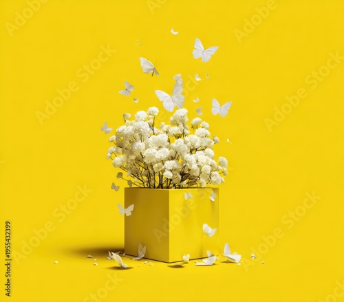 Minimalist floral arrangement with butterflies on yellow background, symbolic of transformation.