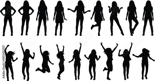 Young women dancing and jumping silhouette set, happy female celebration, energetic lifestyle, freedom joy party concept