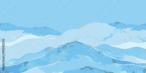 Abstract blue mountain landscape with layered shapes and white lines