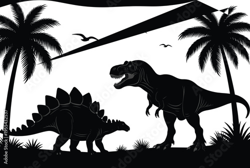 Dinosaur silhouette scene with Tyrannosaurus rex and Stegosaurus in prehistoric jungle landscape, palm trees and flying pterosaurs isolated vector illustration