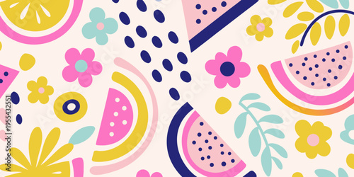 Stylized fruit and floral pattern with playful shapes and bright colors