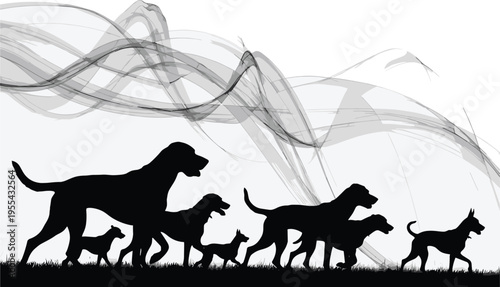 Dog silhouettes pack walking on grass with abstract wave background domestic dogs group outdoor nature scene pet animals silhouette illustration