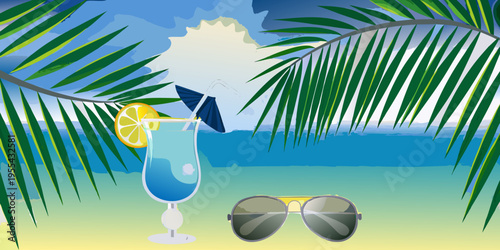 Tropical beach scene featuring a blue cocktail sunglasses and palm leaves