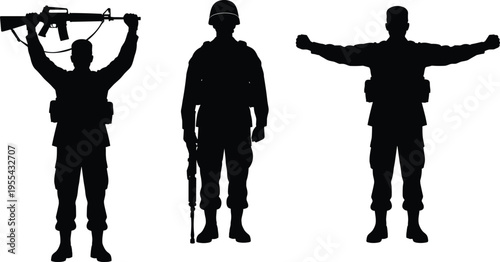 Military soldiers silhouettes with rifle and standing poses, army personnel concept, defense forces, security operations, combat readiness isolated on white background