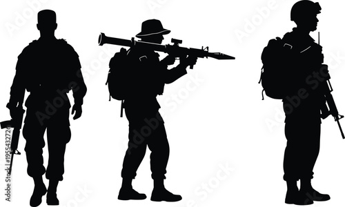 Military soldiers silhouettes with rifle and rocket launcher, armed army troops in combat stance, tactical defense forces, security operations isolated background