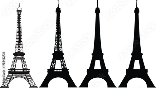 Eiffel Tower silhouette collection showing detailed and simplified Paris landmark variations, iconic French architecture vector illustration set isolated on light background for travel design