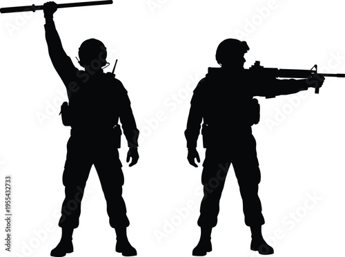 Military soldiers silhouettes, armed army troops holding rifle and baton in action poses, tactical defense forces, security operations isolated background