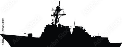 Military warship silhouette, naval destroyer vessel with radar system, modern navy defense technology, maritime security operations, isolated on white background