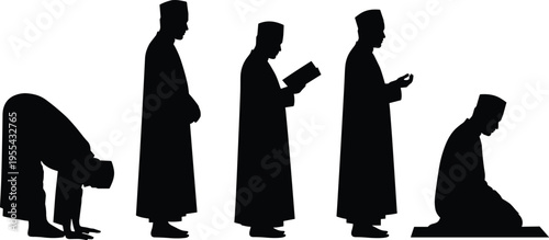 Muslim prayer sequence silhouette, Islamic worship steps, Salah positions, praying man, spiritual devotion, religious ritual, black white isolated illustration