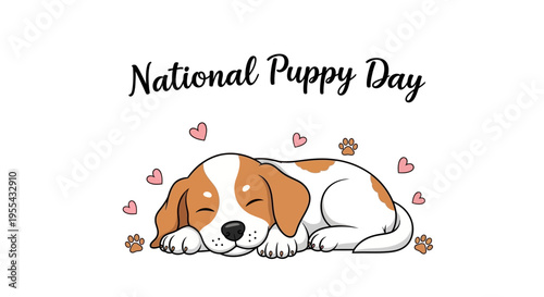 Illustration of a sleeping puppy surrounded by hearts and paw prints on National Puppy Day with a cute design.