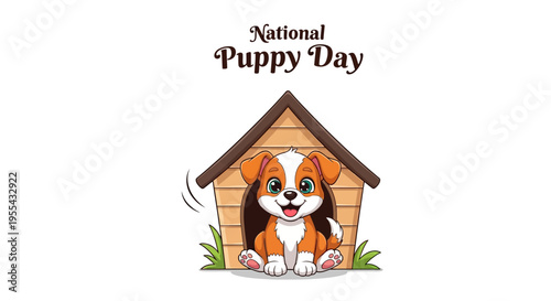 Illustration of an adorable puppy peeking out of a doghouse on National Puppy Day with a cute design vector.