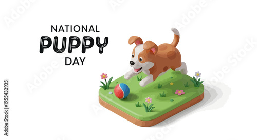 Isometric illustration of a playful brown puppy running on a green patch of grass with flowers and a ball on National Puppy Day.