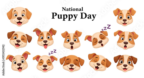 Illustration of adorable puppy faces celebrating National Puppy Day with various expressions on a clean white background.