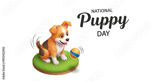 Illustration of an adorable puppy playing with a ball on a green patch for National Puppy Day design and awareness campaign with cute vector graphics.