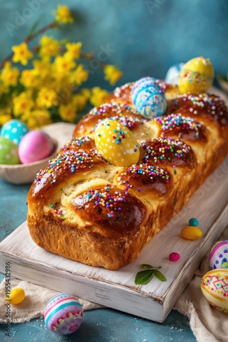 Easter Bread with Eggs and Sprinkles on Wooden Board.