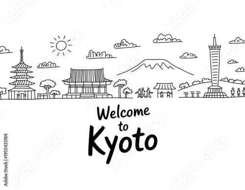 A hand drawn black and white illustration of the famous skyline landmarks of the city of kyoto Vector
