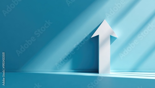 Upward Arrow Symbol in Blue Room with Light Rays.