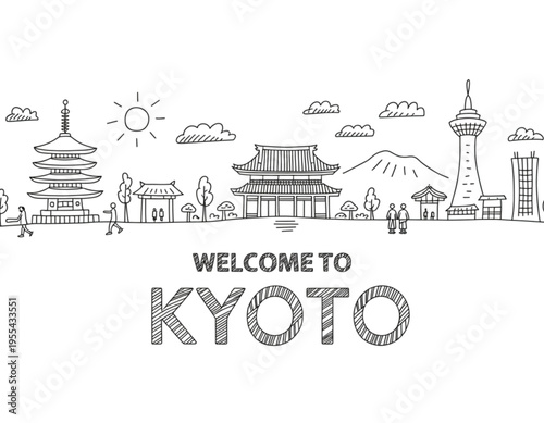 Hand drawn doodle illustration of the historic city skyline of kyoto featuring famous landmarks Vector
