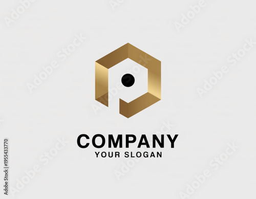 A gold hexagonal logo design featuring a stylized letter p with a central black circular element Vector