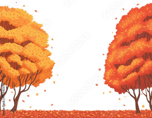 Two large deciduous trees with vibrant yellow and orange foliage during the crisp autumn season Vector