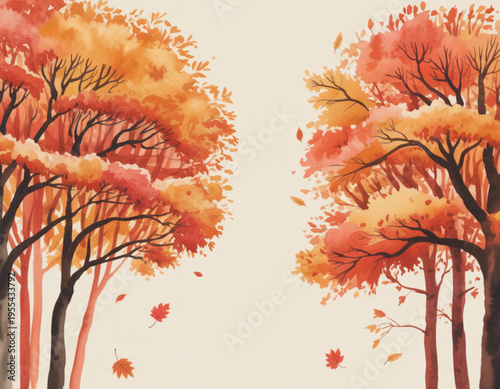 Watercolor illustration of two autumn trees with vibrant orange and red foliage falling down Vector