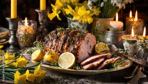 Festive Easter Ham Dinner with Candles and Flowers.