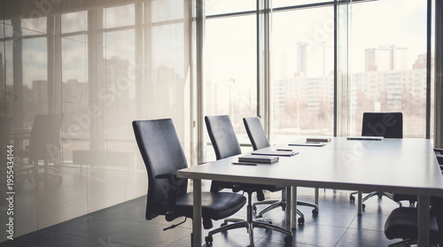 Εκτύπωση καμβά Modern empty conference room with white table, black chairs, and large windows overlooking a city view