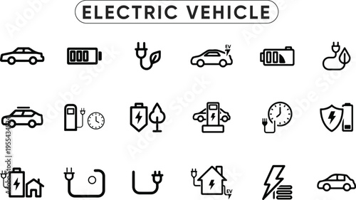 Electric Vehicle and Eco-Friendly Transport Icon Set: EV Charging Station, Battery Power, and Sustainable Energy Mobility Symbols