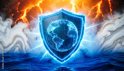 Internet security concept. Shield and globe on fire background. 3D rendering