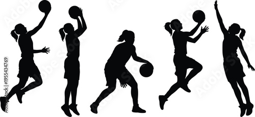female basketball player silhouette set dribbling shooting jumping athlete action sport vector illustration isolated black fitness game concept