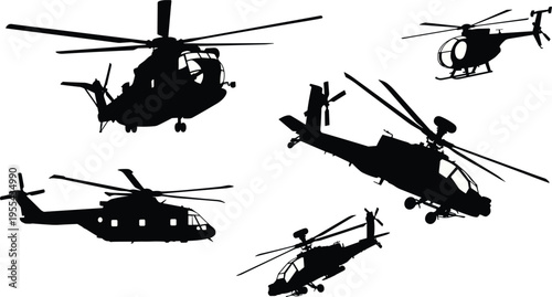 helicopter silhouette set military rescue transport aircraft collection isolated black vector aviation army chopper flying design illustration bundle