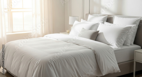 A neatly made bed with white bedding sits in soft sunlight, accented by layered pillows, a cozy throw, and a simple nightstand.
