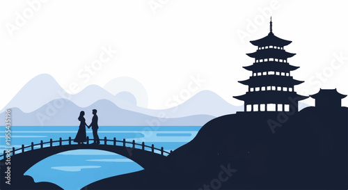 Serene asian landscape with pagoda bridge and mountains in the background at sunset