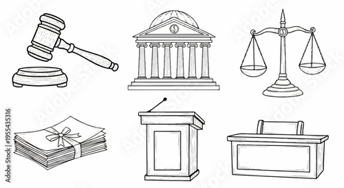 Law and justice symbols with gavel scales court building money podium and desk