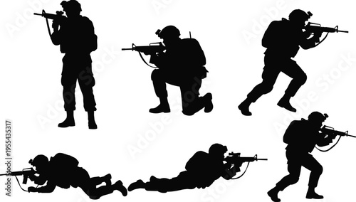 Military soldiers aiming rifles in combat positions, army infantry tactical movement, battlefield operation training, armed forces defense silhouette set