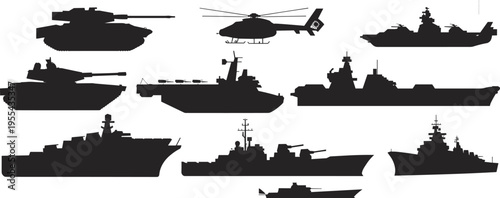 Military war vehicles silhouette set tanks helicopter navy warships army combat defense isolated black illustration collection