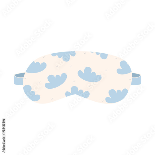Cute sleep mask with a pattern of delicate blue clouds, isolated on a white background. Night accessory. Concept of pajama parties, healthy sleep.